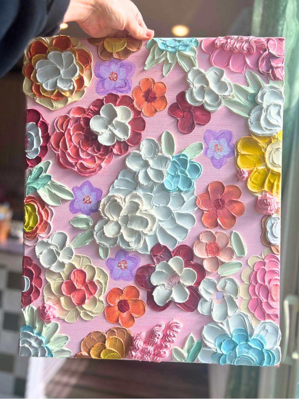 Hand-Painted Floral Relief Canvas Painting - Pink Multicolor